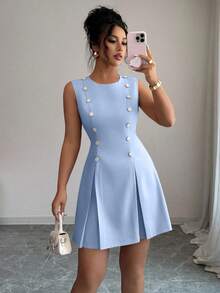 Elenzga Váy ngắn công chúa thắt eo đính đá, kiểu Pháp thanh lịch cổ điển sang trọng, cài nút eo, dự tiệc cao cấp, đi làm, hẹn hò, đi chơi, đa năng - Màu xanh nhạt - Xem 6