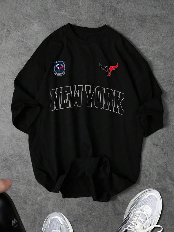 Sport MetroGents Męska koszulka sportowa z nadrukiem w litery, okrągłym dekoltem i luźnym krojem, z krótkim rękawem