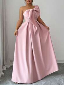 Elenzga 大码女式不对称肩部优雅浪漫派对礼服，大码蝴蝶结腰部 A 字形，适合派对、婚礼嘉宾、伴娘、秋冬季 - 粉色 - 查看 3