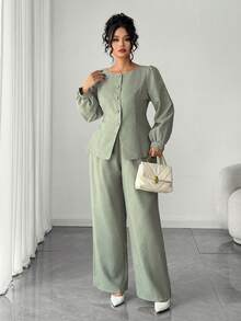 SHEIN Elenzya Camisa elegante de fiesta con cintura ceñida de unicolor talla grande, pantalones holgados elegantes de fiesta con cintura ceñida de unicolor de longitud regular, conjunto de 2 piezas para mujer, otoño/invierno