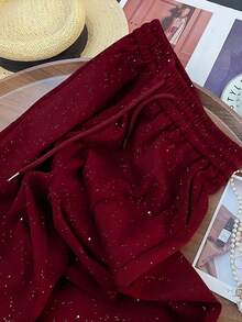 SHEIN PETITE Starry Sky Sequin Elastic Waist Casual Straight Leg Wide Leg Pants