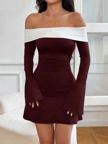 SHEIN EZwear Women's Color Block Ruched Fitted Elegant Long Sleeve Mini Dress,Red Dress,Christmas,New Year Dress,Red Dresses For Women,Christmas Dresses For Women