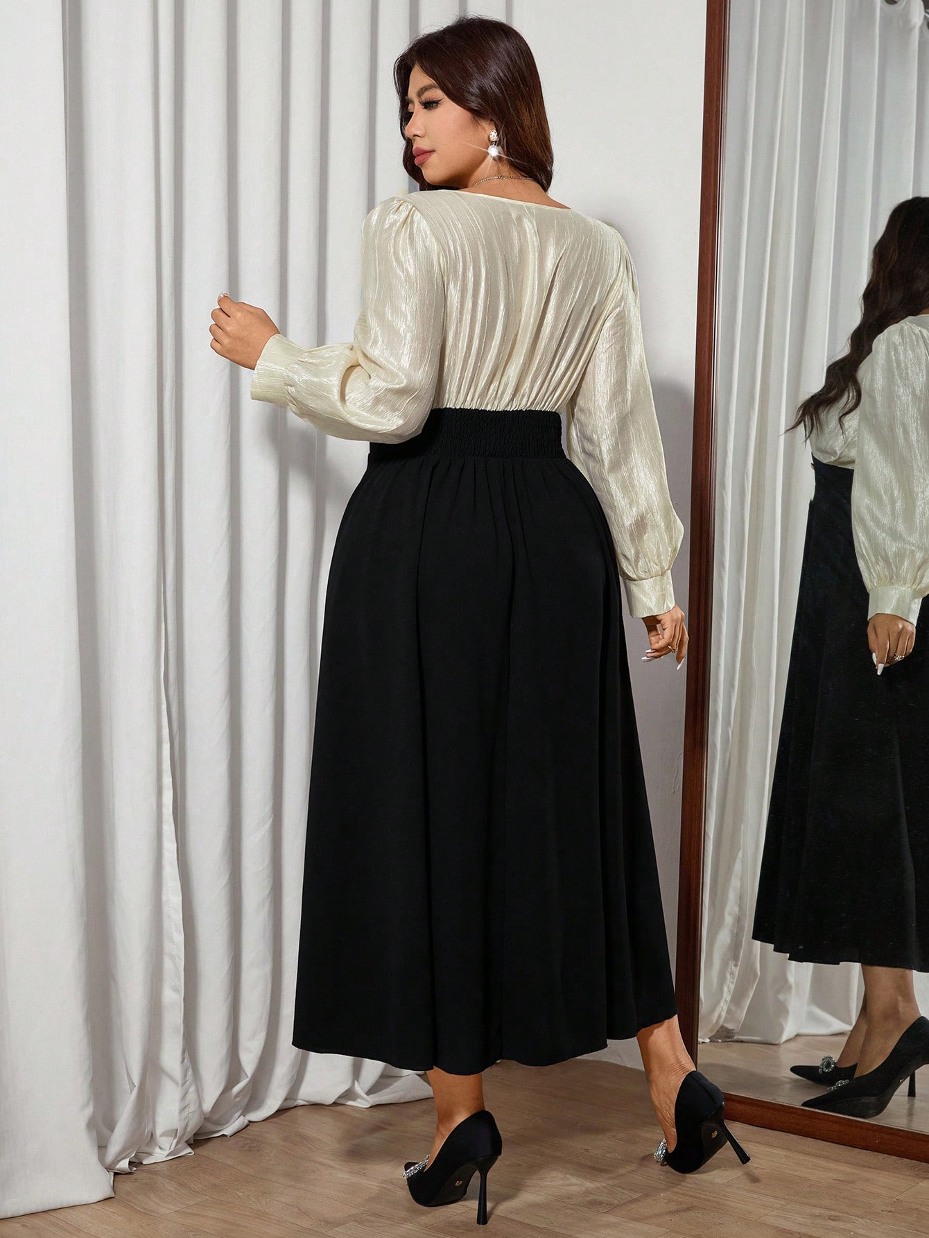 Modelyn فستان أنيق متوسط الطول بأكمام طويلة وياقة...