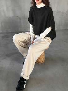 FRIFUL Women's Casual Solid Color Loose Knit Vest, Autumn/Winter - Black - View 2