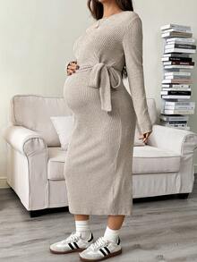 SHEIN Umstandsmode Einfarbig Rundhals Langarm Seitenknoten Gerippt Tailliert Freizeitkleid