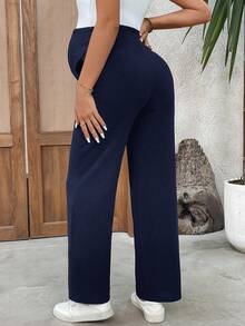 SHEIN Maternity Casual Solid Color Adjustable Waist Pants - Navy Blue - View 2