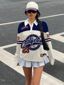 SHEIN EZwear 复古风复古运动数字 23 和字母印花拼色女式长袖 Polo 衫，适合秋冬季、复古、性感、可爱、Y2K、椰子女孩、波西米亚风、嬉皮士风格、音乐节 - 彩色 - 查看 4