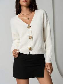 SHEIN TRNDY 1pc Women's White Cardigan, Casual V-Neck Asymmetrical Button Design, Knitted, Versatile, Autumn/Winter - White - View 6