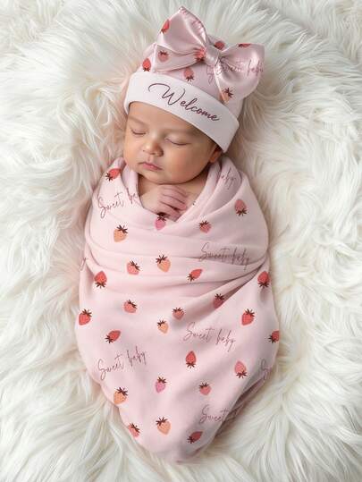 SHEIN 2Pcs Set Newborn Girl Swaddle Wrap With Matching Bow Hat Strawberry Printed Baby Swaddling Blanket Infant Photography Props