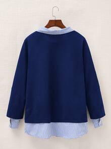 SHEIN EZwear 大码女式海军蓝休闲二合一卫衣，秋冬季，蓝色条纹图案卫衣 - 藍色 - 查看 2
