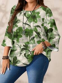 Mellowie Blusa de manga 3/4 con cuello redondo, estampado floral romántico casual, talla grande, adecuada para primavera y verano - Multicolor - Ver 6