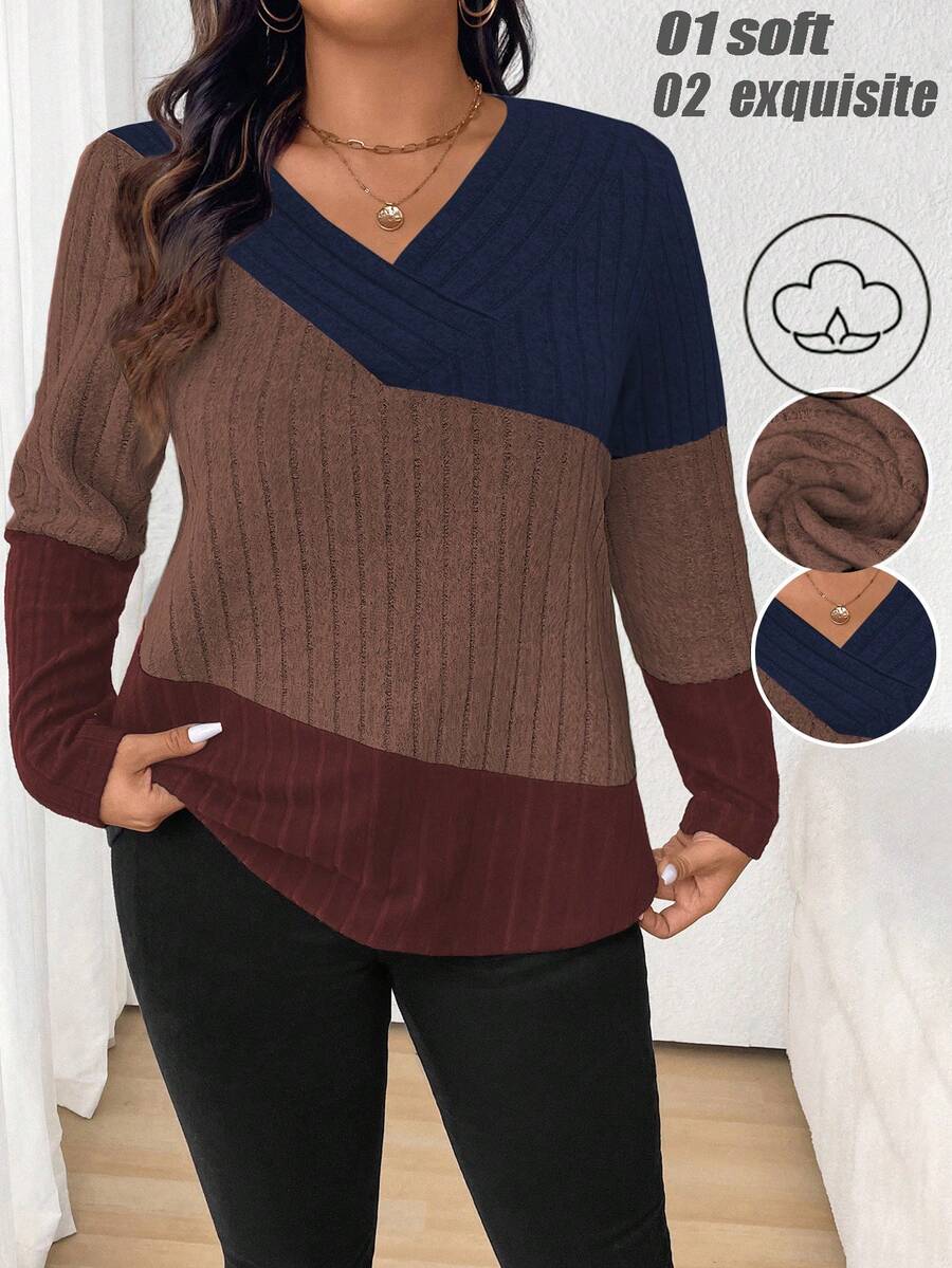 SHEIN Camiseta de talla grande con bloqueo de color para primavera y otoño, camisetas gráficas para mujeres - Multicolor - Ver 1