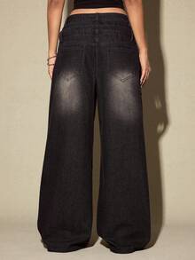 ROMWE Street Life Y2K 街头服饰刺绣口袋设计低腰宽松牛仔裤 - 黑色 - 查看 3