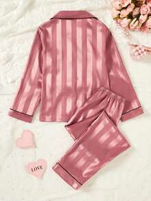 Girls Champagne Striped Long Sleeve Cardigan And Pants 2 Pieces Pajama Set