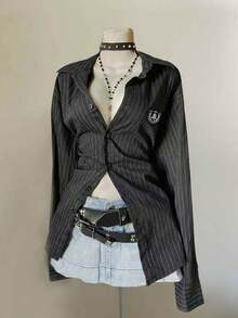SHEIN EZwear 復古學院風刺繡貼布襯衫，黑白條紋休閒修身長袖，適合秋季、學校、返校季、Y2K、可愛 - 彩色 - 查看 8