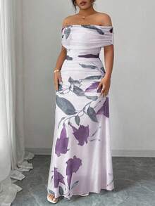 Modelyn Plus Size Women Mesh Printed Off Shoulder Ruched Formal Dress - Purple - View 3
