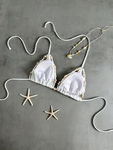 Swim Mod 女士夏季沙滩露背上衣，特殊纹理，两侧饰有珠饰 - 白色 - 查看 4