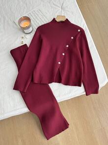 2 件套女士时尚休闲高领短款毛衣和阔腿裤针织套装，适合居家、旅行、度假，酒红色 - 酒紅色 - 查看 5