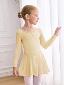 Young Girls' Long Sleeve Pink Ballet Dance Dress, Round Neck With Ruched Front Design, Cute Bow Back Design, Soft & Lightweight Mesh Skirt With Snap Crotch, Stretchy & Skin-Friendly, Suitable For Dance, Yoga & Activewear