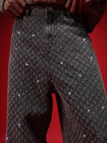 SUMWON 镶钻宽松牛仔裤，闪亮细节，适合节日和派对休闲穿着 - 黑色 - 查看 6