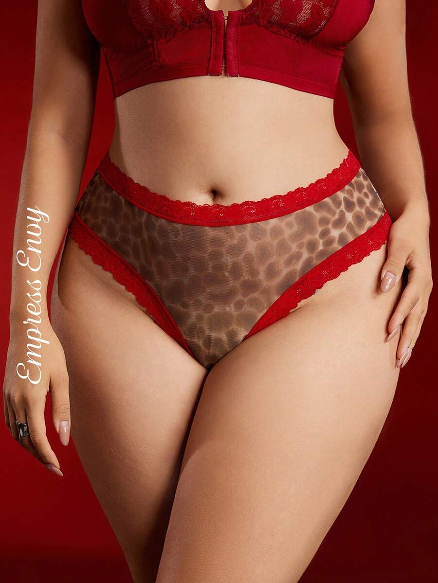 Empress Envy Plus Size Sexy Y2K Leopard Print Lace & Mesh Patchwork Sheer Underwear