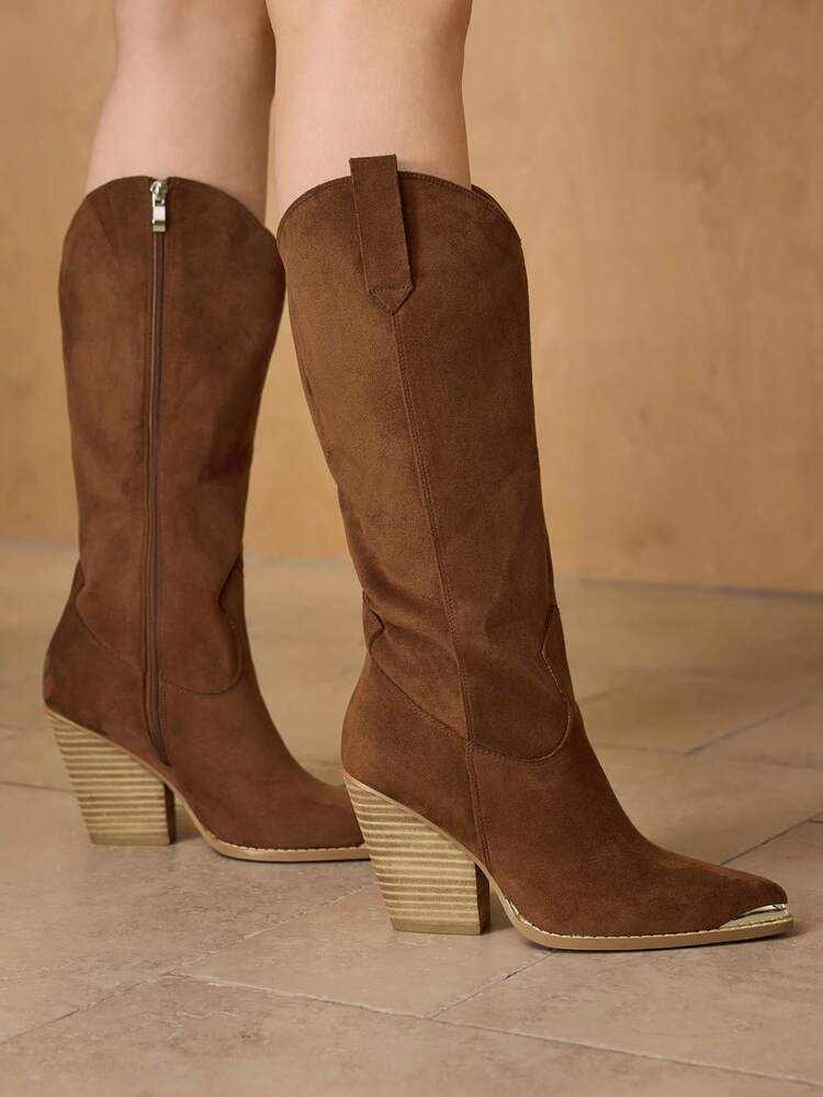 BOTAS ALTAS DE MUJER DE TACÓN GRUESO DE ANTE VINTAGE CON ESCOTE EN V, NUEVA LLEGADA DE INVIERNO