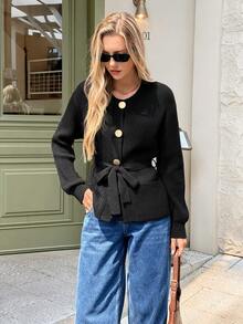 SHEIN Frenchy Women's Casual Long Sleeve Single-Breasted Knitted Cardigan, Autumn/Winter,Perfect For Everyday Wear,Thanksgiving For Women,Winter For Women,New Year Women's,Stylish Collection,Holiday Women;,French-Style Casual Black Sweater With Round Neck And Metal Button Front, French Style, Breakfast For Women, Black Cardigan, Bow;