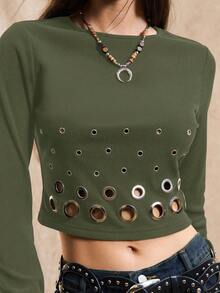 Easelle 女式针织紧身圆领长袖T恤，带孔眼设计 - 軍綠色 - 查看 7