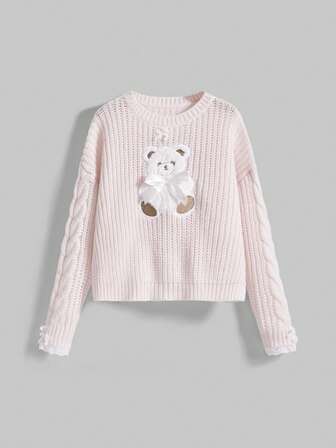 Kawaii Women's Cute Bear Embroidery Bow Lace Patchwork Pullover Sweater