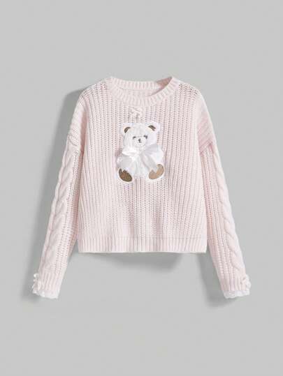 Kawaii Suéter de mujer con bordado de oso lindo, parche de encaje y lazo