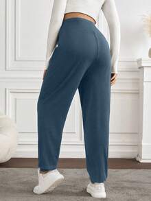 SHEIN 纯色可调节腰围孕妇裤，休闲日常穿着 - 霧霾藍 - 查看 2