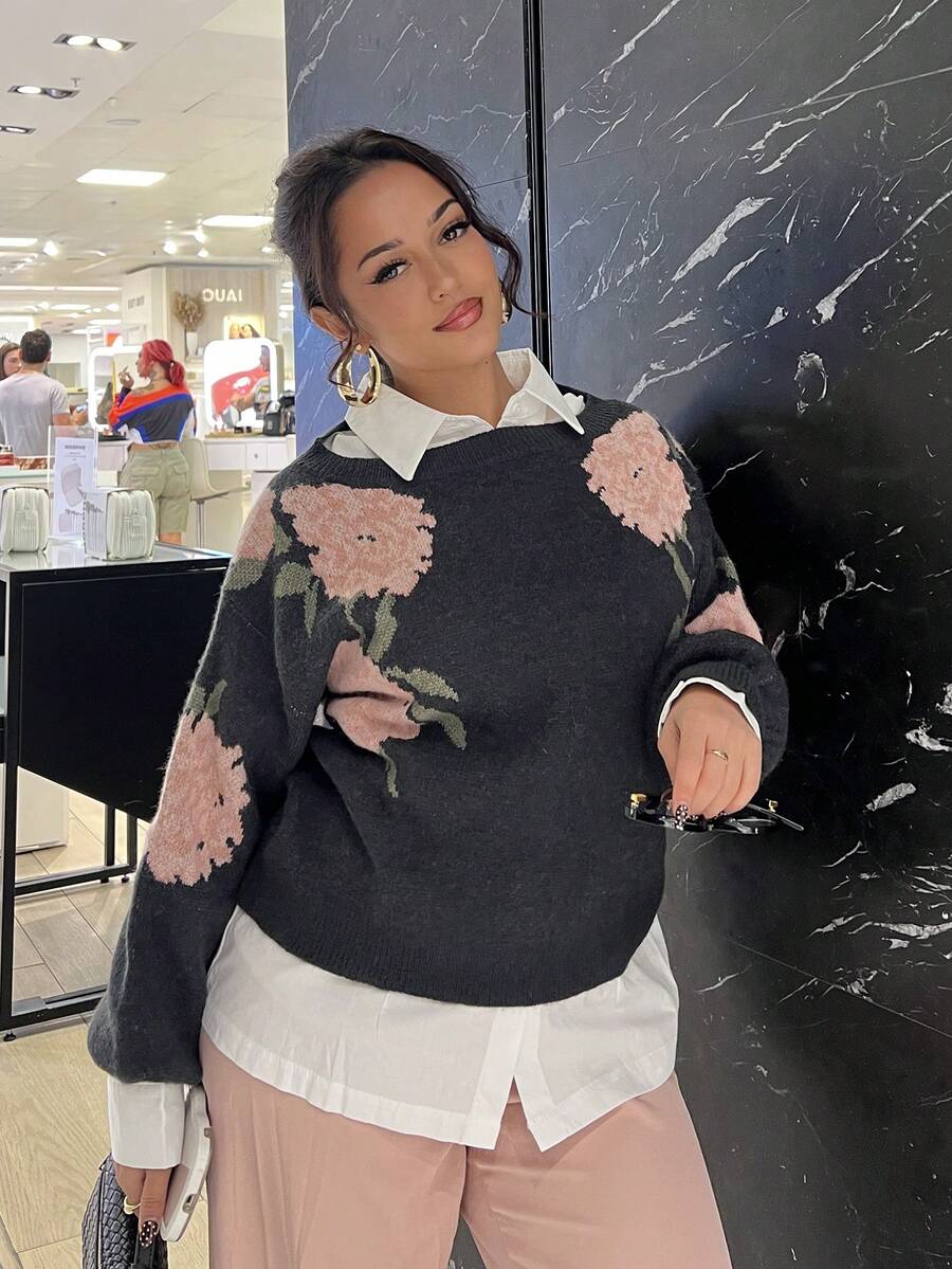 NegzBox Country Western Floral Intarsia Boat Neck Long Sleeve Knit Sweater Casual Cute Back To School Clothes, Boho Outfit, Fall, Autumn, Winter - Multicolor - View 1