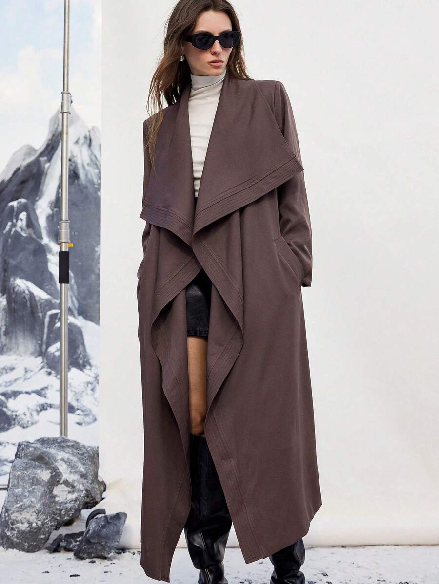 Aveloria Modichic Abrigo de trinchera casual oversize con solapa ancha y cinturón, estilo europeo y británico - Marrón Chocolate - Ver 1