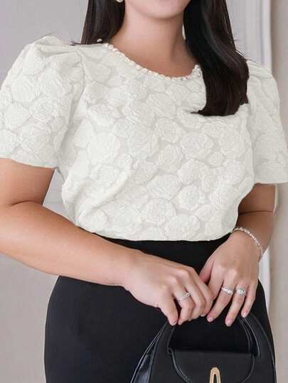 Dazy Plus Plus Size Women Floral Print Puff Sleeve Elegant Spring/Autumn T-Shirt, Suitable For Banquet