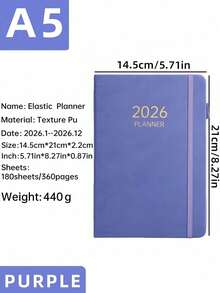 SHEIN 1 New 2026 A5-Size Thickened English Planner, 180 Sheets (360 Pages) Thick Annual Calendar Book, 365-Day Daily Planning Agenda Book, A5 Elastic Band Notebook For Daily Life, Office Scenarios And School Use