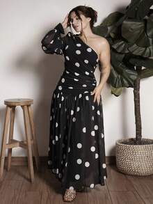 Lupita Cardoza 优雅波尔卡圆点单肩长袖垂腰飘逸新年节日派对长裙 - 黑與白 - 查看 1