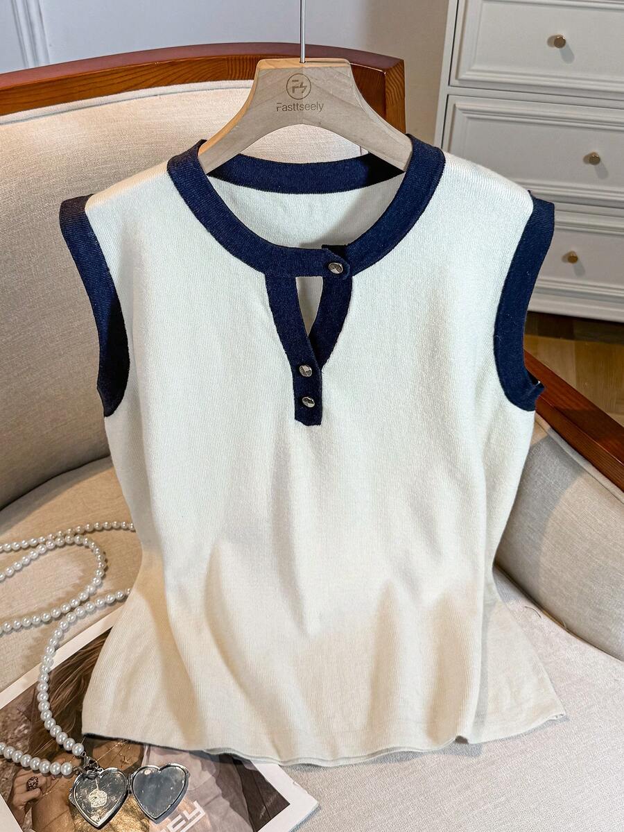 INAWLY Chaleco de punto informal sin mangas con cuello redondo y bloques de color con calado para tallas grandes - Albaricoque - Ver 1