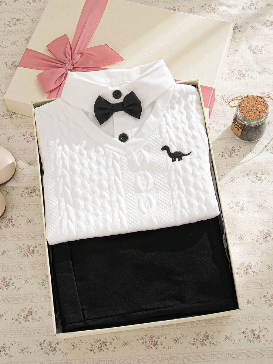 SHEIN 2025秋冬法式复古白色长袖二合一上衣搭配基础款黑色裤子，适合上学、外出等各种场合，适合幼儿男孩的绅士风 - 彩色 - 查看 1