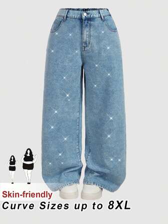 SHEIN CURVE+ 大码女式休闲日常通勤百搭宽松阔腿牛仔裤