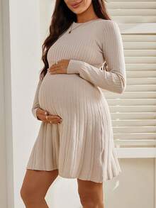 SHEIN Pregnant Women's Casual Solid Color Waist Cinched Sweater Dress, Suitable For Daily Commute, Autumn/Winter - Camel - View 4