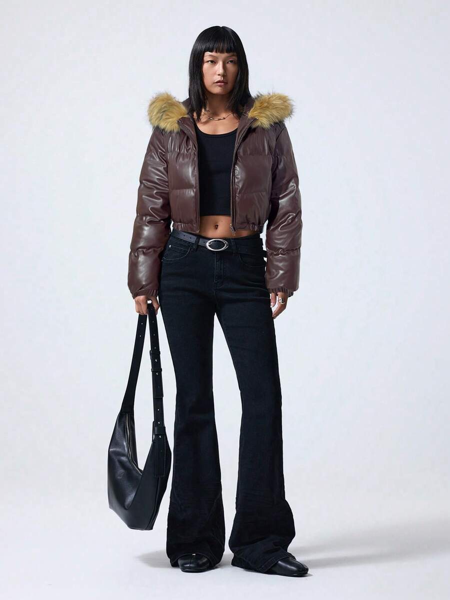 LYSMO Áo khoác ngắn có mũ trùm đầu, cổ lông phủ bóng, đệm lông cho mùa thu/đông - Cà phê nâu - Xem 1