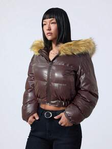 LYSMO Áo khoác ngắn có mũ trùm đầu, cổ lông phủ bóng, đệm lông cho mùa thu/đông - Cà phê nâu - Xem 5
