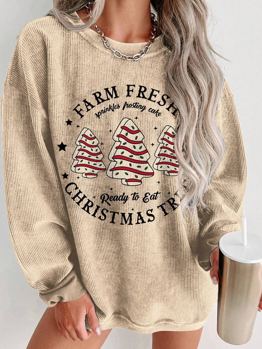 EMERY ROSE 圣诞图案和字母印花时尚简约女士圆领羊毛长袖运动衫，送给朋友的礼物，秋冬 - 卡其色 - 查看 1