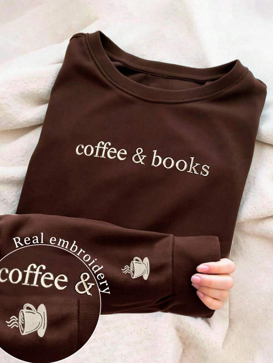 NostaNoir Women's Casual Coffee Letter Embroidery Sweatshirt, Autumn/Winter - Chocolate Brown - View 1