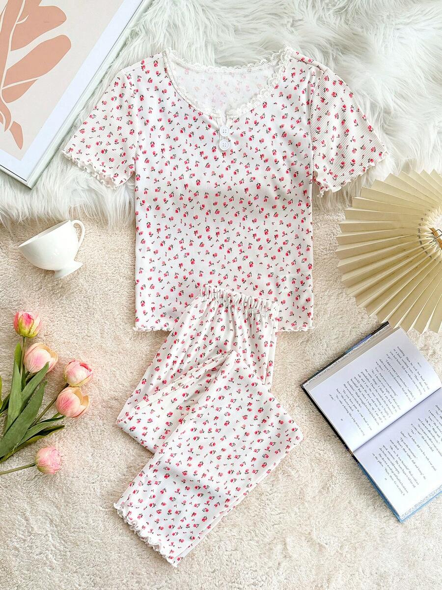 SHEIN 女童碎花蕾丝花边圆领短袖睡衣套装 - 白色 - 查看 1