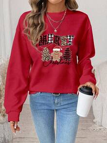 SHEIN LUNE 休闲简约圣诞英文字母姜饼人和圣诞树印花圆领宽松女士时尚卫衣，家庭套装，适合外出和聚会 - 彩色 - 查看 7