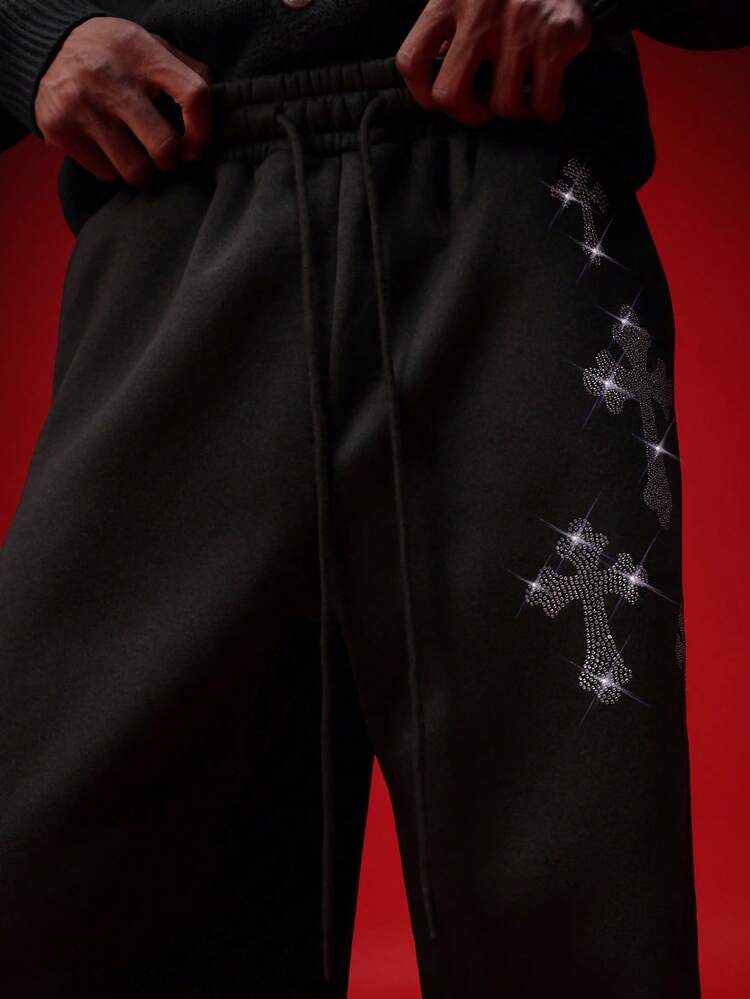Baggy Joggers With Rhinestone Crosses
