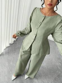 SHEIN Elenzya Camisa elegante de fiesta con cintura ceñida de unicolor talla grande, pantalones holgados elegantes de fiesta con cintura ceñida de unicolor de longitud regular, conjunto de 2 piezas para mujer, otoño/invierno