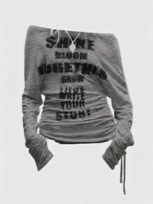 ROMWE Grunge Punk Kpop浪漫朋克风十字架字母印花露肩长袖T恤女款 - 灰色 - 查看 10