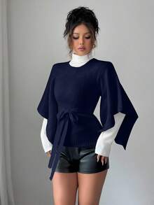 Elenzga Women's Stylish Solid Color Design Sweater, Suitable For Work, Autumn/Winter - Navy Blue - View 3